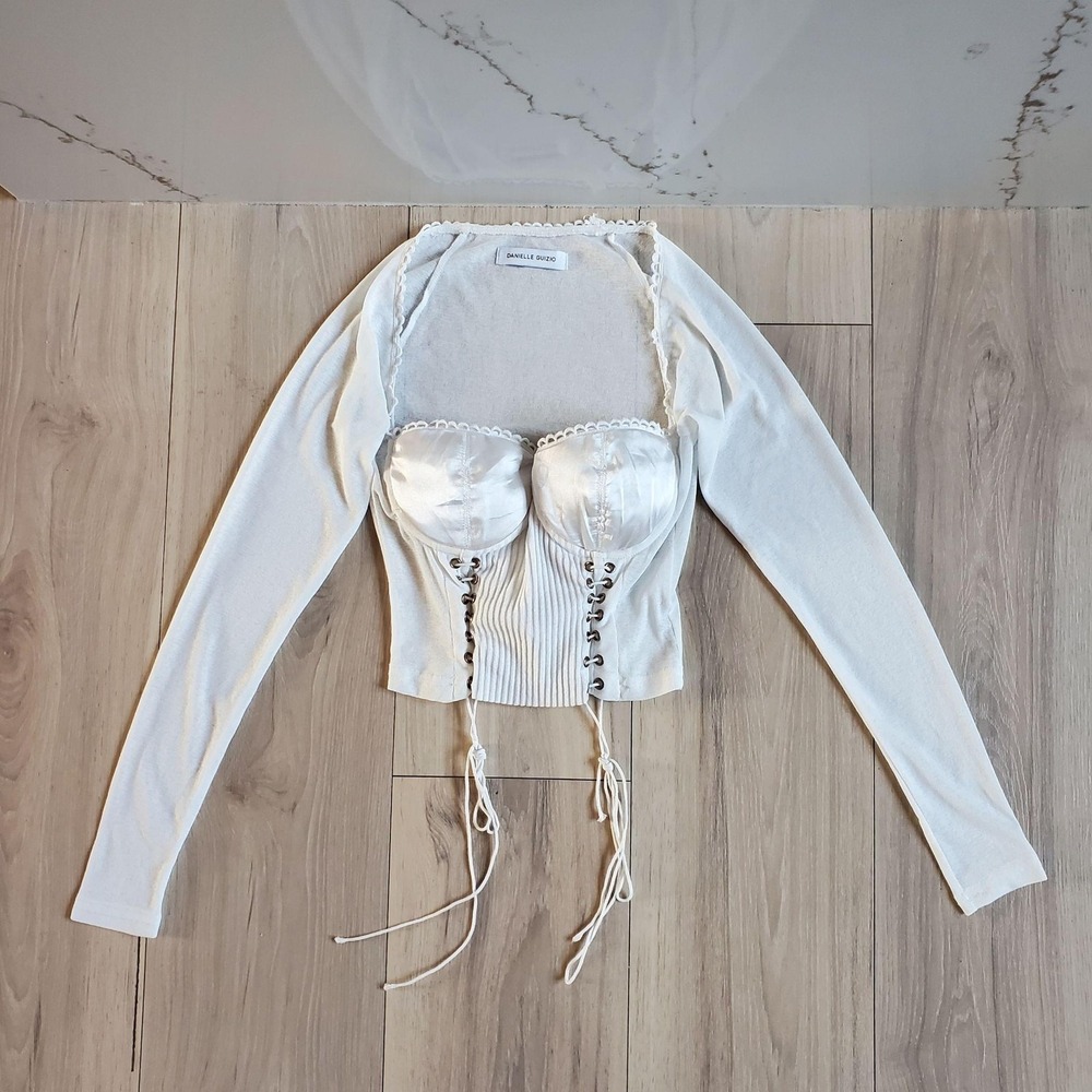 DANIELLE GUIZIO Corset Top Womens S White Lace Up Satin Bust Long Sleeve Jersey